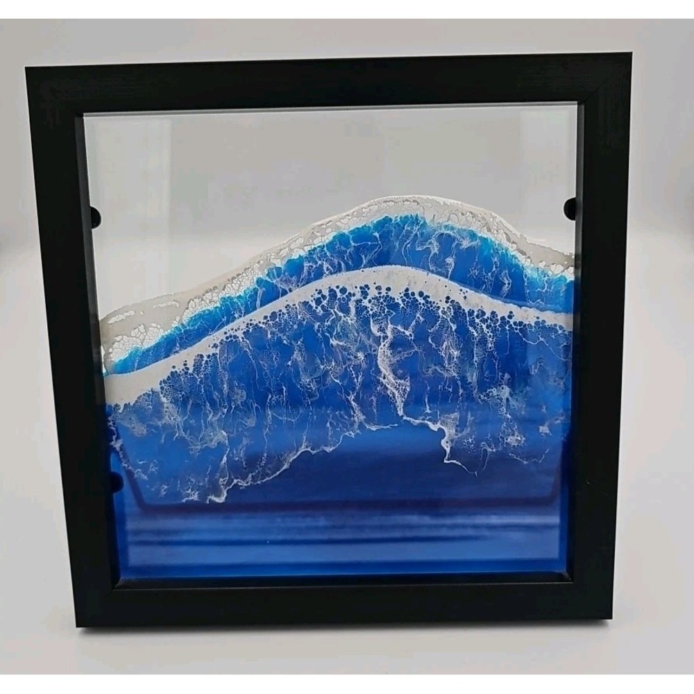 Ocean Inspired Epoxy Resin Art Blue White Waves Black Frame 8x8 Decor